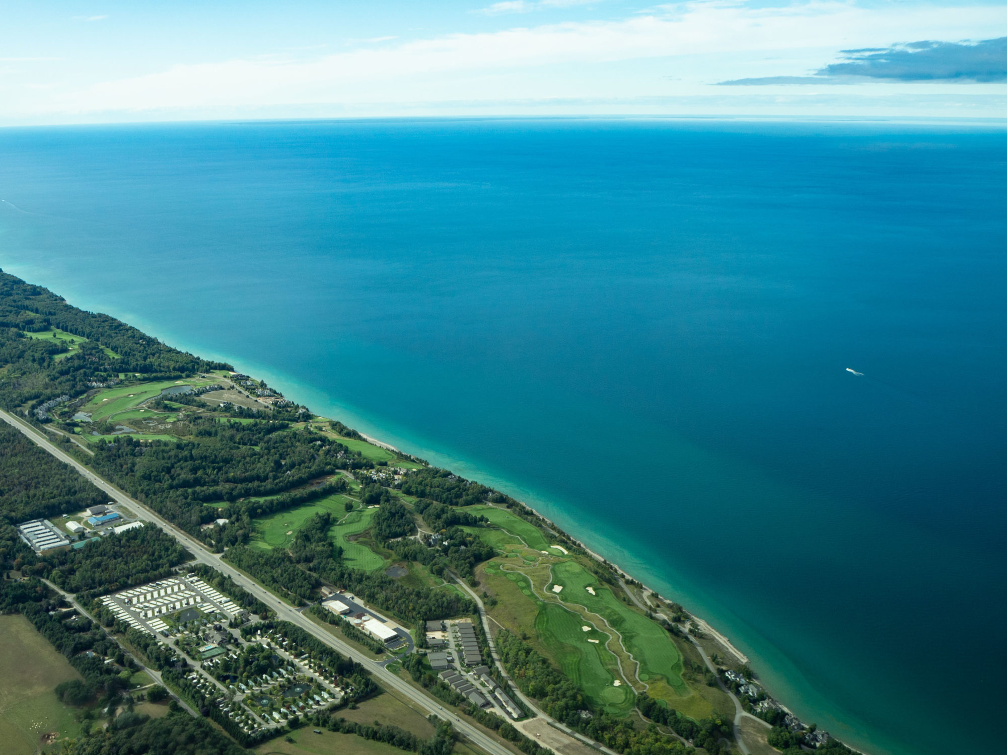 aerial view of lake michigan in summer time from leland in leelanau county michigan